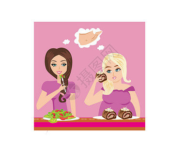 越吃越瘦餐馆中厚女孩和瘦女孩的插图票价食欲食谱饮食菜单重量午餐品位晚餐黄瓜插画