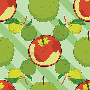 绿色条纹背景上的无缝苹果模式背景图片