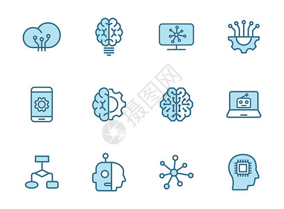 肥牛上脑人工智能线填充矢量图标在白色背景上隔离的两种颜色 人工智能蓝色图标集 用于网页设计 ui 移动应用程序 印刷印刷术和促销业务科学插画