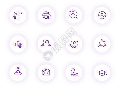 猎头紫色轮廓矢量图标在带有紫色阴影的浅色圆形按钮上 为 web 移动应用程序 ui 设计和打印设置的猎头图标邮件领导面试收藏候选背景图片