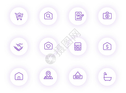 房地产紫色轮廓矢量图标上带有紫色阴影的浅色圆形按钮 为 web 移动应用程序 ui 设计和打印设置的房地产图标房子车库网络建筑商背景图片