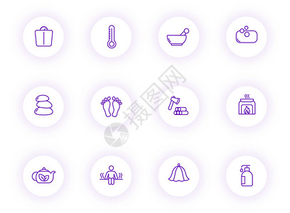 紫色毛巾桑拿紫色轮廓矢量图标在带有紫色阴影的浅色圆形按钮上 为 web 移动应用程序 ui 设计和打印设置的桑拿图标淋浴界面应用水壶电热插画