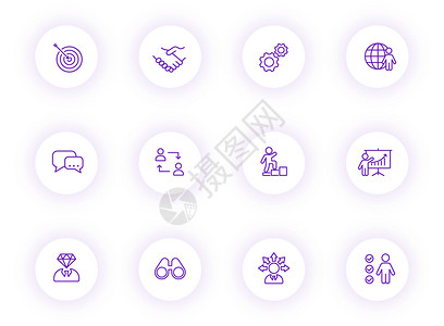 签到成功提示界面设计团队合作紫色轮廓矢量图标在带有紫色阴影的浅色圆形按钮上 为 web 移动应用程序 ui 设计和打印设置的团队合作图标经理商务网络设计图片