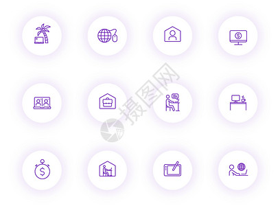 上自习课的女大学生听音乐在带有紫色阴影的浅色圆形按钮上在家工作紫色轮廓矢量图标 在家工作图标集 用于网络 移动应用程序 UI 设计和打印标识插图咖啡停留设计图片