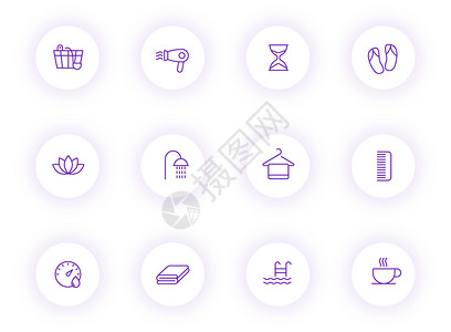 紫色毛巾桑拿紫色轮廓矢量图标在带有紫色阴影的浅色圆形按钮上 为 web 移动应用程序 ui 设计和打印设置的桑拿图标蒸汽按摩用户网络治疗插画
