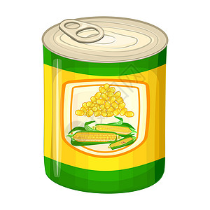 玉米采摘器锡罐中的可口甜玉米和白色背景上孤立的标签上的玉米鳕插画