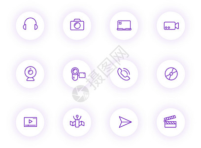 媒体紫色轮廓矢量图标上带有紫色阴影的浅色圆形按钮 为 web 移动应用程序 ui 设计和打印设置的媒体图标报纸笔记本标识互联网社背景图片