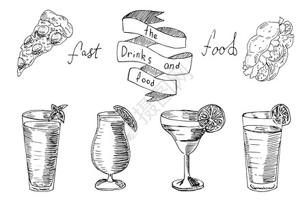 汉堡披萨素材Doode套装 快速食品和饮料的矢量组 素描风格的矢量插图设计图片