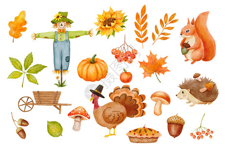 水彩小松鼠秋天落叶和松鼠 水色稻草人性与火鸡 向日葵和南瓜在白色背景中隔绝 秋季感恩节装饰背景
