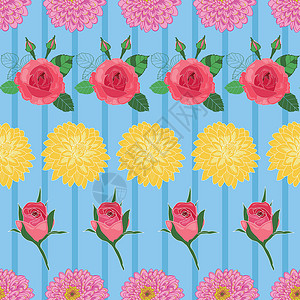 玫瑰花型无缝花岗花型玫瑰和蓝条纹背景的菊花插画