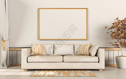 窗帘海报素材装上室内树和沙发的海报框背景