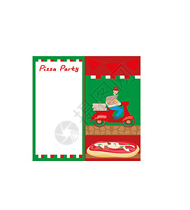 师傅带徒弟摩托车上送披萨的人 - 带有您文本空间的简易卡片设计图片