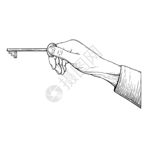 古代手抠素材男性手握古代钥匙 传统标准画图 矢量手绘风格设计图片