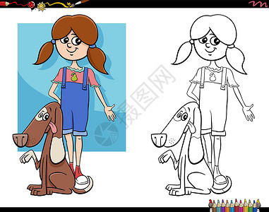 宠物页面卡通女孩和她的狗彩色页面设计图片