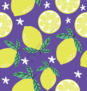 夏季新鲜柠檬紫色无缝模式收成柠檬情调插图产品打印水果热带织物艺术背景图片