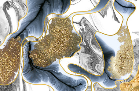 黑色和白色液态大理石底的金色粉尘点 有金波背景图片