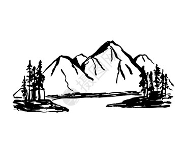 瑞士阿尔卑斯山风景山区山脉和树影草图 矢量插图以白色背景隔绝 绘制面条画的风景插画