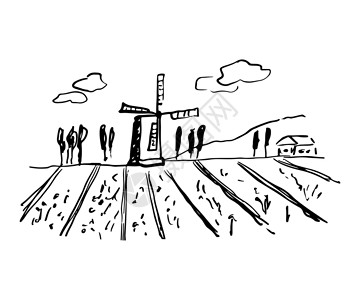 农村原始面貌绘制古老的风车和意大利面貌 雕刻风格的矢量插图 孤立在白色背景上 托斯卡尼农村田间 房屋和云层插画