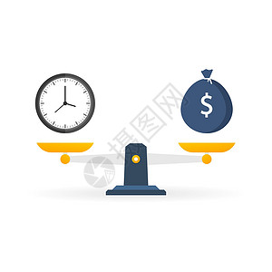 货币时间时间就是天平图标上的金钱 规模上的金钱和时间平衡工作价格金融公平货币重量测量卡通片薪水厨房插画