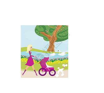 童车母亲和女儿在公园里花园家庭天鹅女士花朵妈妈家长女性卡通片森林插画