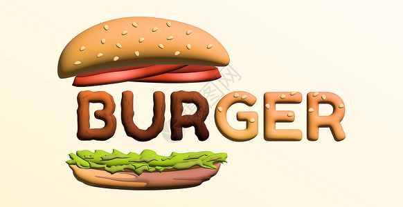 汉堡标签BBERGER的文字格式化为汉堡 品牌 标签或广告的现代设计  3D图像咖啡店饭馆牛肉面包炙烤芝士商业刻字菜单横幅背景