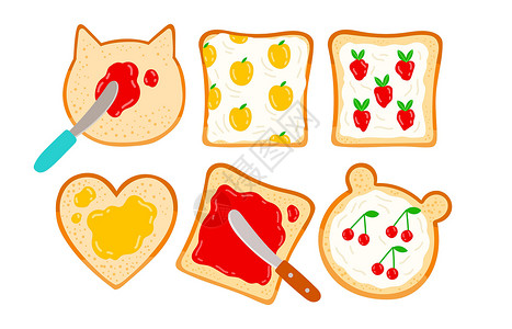 烤面包早晨吐司和果酱矢量说明板成套设计插画