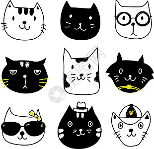 甜猫矢量手画了可爱猫的表情 说你好 用白色背景写字的孤立插图打印微笑猫咪草图孩子们小猫哺乳动物海报女孩卡片插画