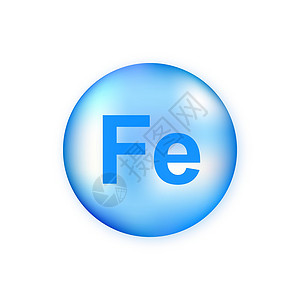 微量在白色背景中隔离的矿物Fe Ferum蓝色闪光药丸胶囊设计图片