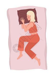 侧卧枕头2D病媒隔离插图 手在枕头2D矢量下的女性侧身睡衣插画