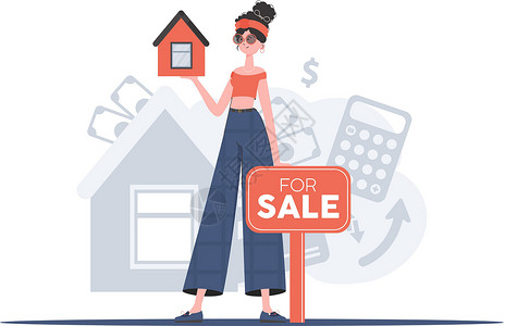 出售房子素材有售卖标志的女孩手里握着一栋小房子 出售房屋或房地产 时尚风格 矢量图示设计图片