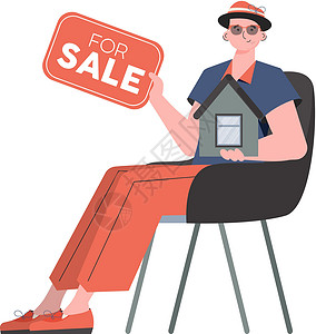 迎接客户男性一个人坐在椅子上 手里拿着一个标牌出售 卖房子或房地产 孤立的 矢量插图设计图片