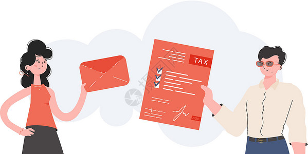一男一女齐腰站立 手里拿着一张税表 填写纳税申报表 演示文稿的元素插画