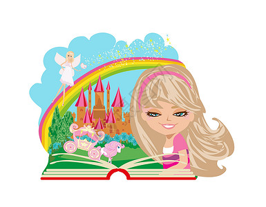 圣天使城堡读魔法书的小女孩孩子建筑故事传奇庆典风景森林瀑布女王天气插画
