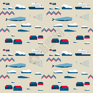 冰山船无缝结构 村庄和鲸鱼插画