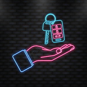 霓虹灯图标 用手自动钥匙 适合任何用途的出色设计 蓝色背景 白色背景 矢量图标背景图片