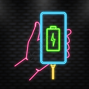 手机电霓虹灯图标 放电充电电池智能手机-矢量图 孤立在绿色背景上插画