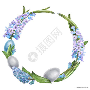 蓝色长春花装饰水彩花圈 有岩间花朵和鸡蛋蓝色星星女人艺术品艺术卡片香水边界植物群青年插画