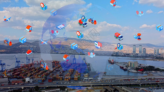 物流业务或运输概念鸟瞰进出口港 有许多集装箱行港口城市云计算电脑网络系统社会商业数字化送货背景图片