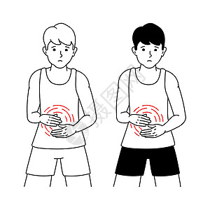 年轻男性病患腹部疼痛用矢量插图说明一名白人背景的腹部疼痛与孤独地单独忍受者的情况插画
