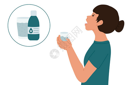 消毒剂菌的女孩用抗菌液洗嘴 用医用病媒图示洗掉她的嘴插画
