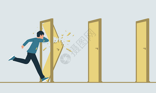 一个奔跑的人在途中摧毁紧闭的门的矢量插图 比喻克服障碍 概念的突破设计图片