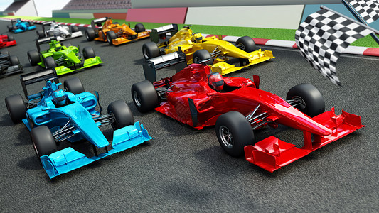 大奖赛道用挥舞的棋旗在赛道上赛车 3D 插图背景