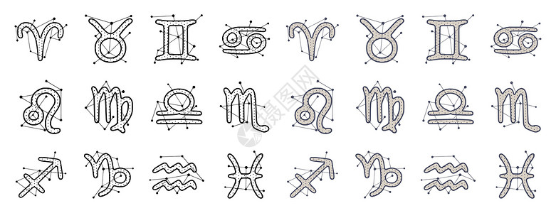 手头上的 Zodiac 符号在白色背景上绘制样式 星座符号为宇宙片断设计插画