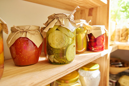 食品储存在厨房的储藏室内阁烹饪地窖玻璃小吃蔬菜黄瓜罐子贮存发酵背景