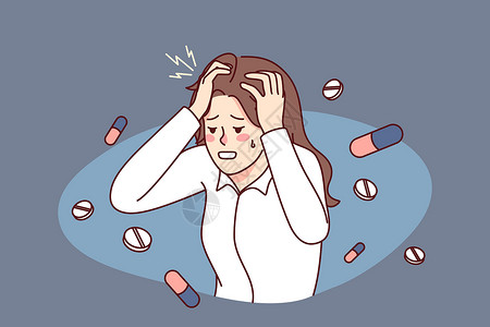 止痛药患有偏头痛症的不健康妇女插画