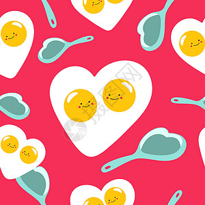 s 情人节鸡蛋红心无缝模式 以平坦的卡通风格 炒鸡蛋和锅底背景 矢量插图插画