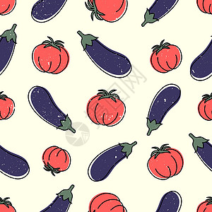 手绘西红柿米色背景无缝图案上的西红柿和茄子 复古手绘风格 健康食品 意大利美食设计图片