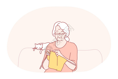 老年猫老年人编织 爱好和兴趣概念女士奶奶老年长老女性羊毛活动祖父母工艺闲暇插画