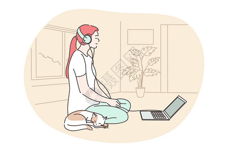 冥想音乐冥想 瑜伽 放松概念姿势训练心态音乐女性女士电脑宽慰关心运动插画