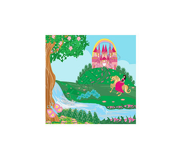 进户门公主骑着马进城堡的公主女王艺术彩虹花朵花园建筑学艺术品寓言堡垒女孩插画
